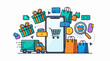 © Nordi - Cartoon illustration depicts mobile shopping concept with smartphone and various shopping items