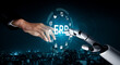 © InfiniteFlow - Interaction Between Human Hand and Robotic Hand Representing Future Technology and Digital Transformation in Business Environment. Glyphic.