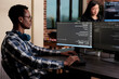 © DC Studio - Cyber security company employee developing blockchain based database processing system presents data protection, software systems and secure infrastructure in a technology workspace.