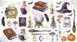 © craftsby.ib - Hand drawn halloween magic set featuring witch hat cauldron potion bottles crystal ball wands mushrooms pumpkins bats books and mystical symbols in watercolor style with displays collection magical