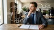 © Supernova - Thoughtful businessman contemplating future success with illustrated concepts of career health and technology