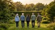 © 5 Grace Media - Group of diverse friends walking together in a beautiful green park at sunset.