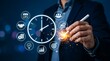 © saidur345 - Businessman using digital pen on tablet to select business growth icons with holographic user interface in modern office environment at night