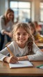 © Curioso.Photography - Smiling schoolgirl writing in a notebook during a classroom lesson, representing education, learning, childhood, and academic achievement.