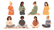 © Uttpol Saha - Set of Diverse Pregnant Women Sitting, Standing, and Cradling Baby Bumps, Motherhood, Prenatal Care, and Pregnancy Vector Art Elements, Flat Vector Illustration.