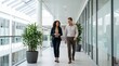 © CH - Business professionals walking and discussing in bright modern office hallway