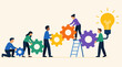© Ali - Team of diverse coworkers collaboratively assembling colorful interlocking gears in domino chain leading to glowing light bulb symbolizing innovation teamwork ideas and successful business solutions