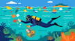 © Ali - Dedicated scuba diver in deep turquoise ocean collecting plastic bottles and debris into mesh bag surrounded by floating colorful waste highlighting marine pollution cleanup environmental