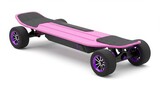 Pink electric skateboard with purple wheels isolated on white background