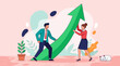 © Gared - Business Growth Success with team pushing large green upward arrow on abstract background ideal for corporate presentations and financial marketing.
