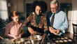 © Eshal - Multigenerational family baking cookies together in a warm sunlit kitchen, child, mother and grandfather shaping dough for holiday treats, home cooking, bonding, tradition and cozy lifestyle