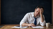 © Unknown OP - Stressed office worker sitting at desk with paperwork and dark copy space