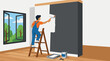 © Khalid - Focused professional painter standing on wooden ladder rolling fresh white paint over tall dark interior accent wall in bright room with open window scenic view of trees and wooden floor with paint