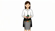 © Fitrotul - Young woman in white shirt and striped skirt holding potted cactus and plants in black pot with colorful flowers with plain white background