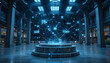 © Mr. Shoaib Arshad  - Digital network hologram with glowing icons and connected nodes floating above a stone platform inside a large hall with pillars with communication