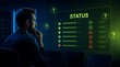 © ScenstationID - IT monitoring system, man and digital dashboard for server status, network security and data management. Information technology, professional and software at night for analytics and troubleshooting.