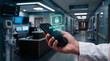© Nusrat - Healthcare professional checking patient data security via smartphone with digital hologram in hospital hallway healthcare hospital security smartphone hologram
