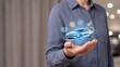© ismail - Car purchase agreement approval process, professional holding electric vehicle hologram with handshake, coin payment and dual checkmark icons, vehicle financing, sales transaction and automotive deal