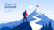 © StudioPixel2 - Road, Success, Mountain, Journey, Achievement vector banner featuring a climber reaching goals and business ambition concept. Modern illustration background for presentation, website banner