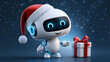 © Nick Freund - Kleiner weißer Roboter mit roter Weihnachtsmütze zeigt auf weißes Geschenk