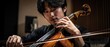 © Surasak-Art - Young male musician playing cello in modern studio with focus on technique and emotion, capturing the essence of classical music performance
