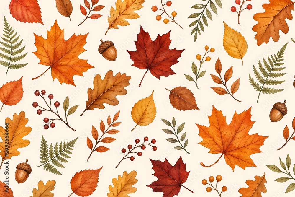Autumn leaves seamless pattern, watercolor fall foliage background with ...
