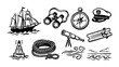 © Artastic - Nautical and maritime navigation hand drawn vector icon set with sailing ship compass binoculars telescope captain hat and rope