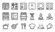 © MdRifat - Kitchen Stove Oven and Cooktop Icon Set Featuring Gas Hob Induction Burner Pot Pan Chef Hat and Range Hood Symbols in Outline Vector Style