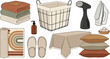 © Rukhsana - Laundry and home textile vector icon set featuring towels basket steamer iron rug slippers tablecloth pillows and detergent.