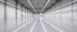 © Nirex - Empty large industrial warehouse interior with white walls and reflective polished floor space for storage logistics and commerce