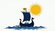 © Maryna - Viking ship with Swedish flag sails towards bright sun over blue waves. Minimalist graphic art represents Nordic journey, history, and culture.