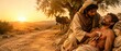 © xuxu - Good samaritan tending to injured man in desert landscape with donkey at sunset, showing compassion and care