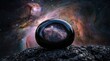 © gugam - A black orb reflecting a vibrant galaxy rests on rough terrain against a cosmic nebula.