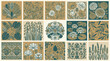 © Feryu - Eine Sammlung von quadratischen Kacheln mit kunstvollen botanischen Illustrationen im Vintage-Stil, die verschiedene Blumen, Blätter und florale Muster in einer eleganten Farbpalette zeigen.