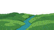 © Hmen - Ilustración vectorial de un paisaje natural con colinas verdes onduladas y un río azul serpenteante que fluye a través de un prado exuberante con espacio para texto en la parte superior.