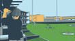 © Hmen - Ilustración vectorial de un golfista masculino practicando su swing en un campo de prácticas moderno con objetivos circulares en el césped bajo un cielo despejado durante el día.