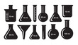 © VANU - Set of laboratory glassware icons showing various measuring beakers flasks and test tubes.