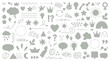© Chici - Conjunto de ícones desenhados à mão em estilo doodle, apresentando formas variadas como corações, estrelas, setas, balões de fala, coroas e elementos naturais em cinza sobre fundo branco.