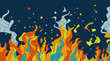 © Feryu - Abstrakte Illustration von flammenden Feuerzungen in leuchtenden Farben mit geometrischen Elementen vor einem dunkelblauen Hintergrund für kreative grafische Designs.