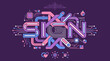 © ZayMO - Illustrazione vettoriale stilizzata con la parola SIGN integrata in un complesso circuito elettronico digitale con elementi tecnologici e grafiche geometriche su sfondo viola scuro.