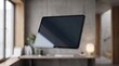 © YUAN DESIGN - A computer monitor floating in a modern office space with a desk and lamp.