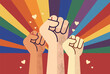 © Namira - Empowering illustration of three raised fists of different skin tones against a vibrant rainbow sunburst background with hearts.