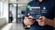 © Hao - Man holding smartphone with holographic credit card payment interface, secure online transaction password verification username login and digital banking security concept.