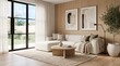 © Abbas - Modern minimalist living room with beige couch with wooden coffee table wood paneling walls interior design abstract art light wood home decor