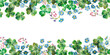 © AnikaKorr - Seamless double border with green clovers, blue forget-me-nots on top and bottom hand drawing watercolor art. Repeating Irish frame for St. Patrick's Day greeting cards, spring menus, fabric edging.