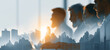 © Wasin Arsasoi - Business Growth Strategy: A montage of professionals in a meeting, superimposed with a financial graph and city skyline, symbolizes growth, strategy, and success in the corporate world.
