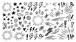 © SiyamolHasan - Hand drawn comic elements set, black ink doodle icons with lightning bolts and stars, expressive sketch symbols for manga and pop art design