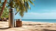 © imageSTOCK - Relaxing tropical beach scene features a stainless steel container and a traditional beverage container on the sand by the water during a sunny day