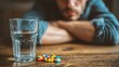 © imageSTOCK - Young adult male sits at a wooden table thinking about colorful medication and a glass of water in a quiet room