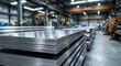 © Olena - Large stack of shiny aluminum steel metal sheets in a modern industrial manufacturing factory. Heavy metallurgy warehouse interior background. Perfect for construction business.